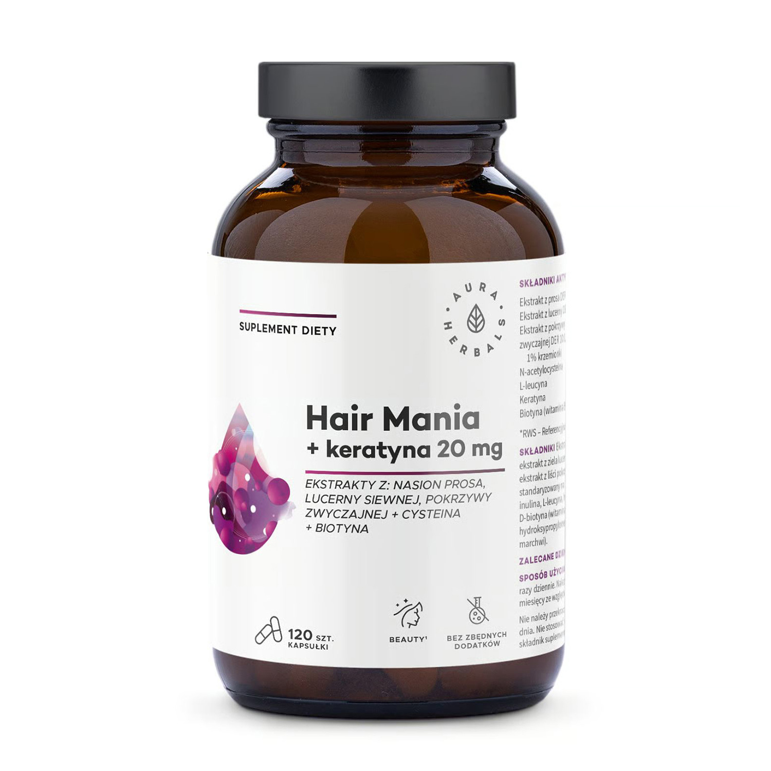 Комплекс для зміцнення волосся з кератином Aura Herbals Hair Mania + Keratin 20 мг, 120 капсул