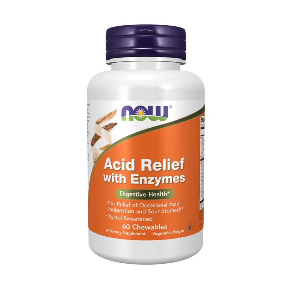 Комплекс для зниження кислотності NOW foods Acid Relief With Enzymes з ферментами, 60 жувальних таблеток